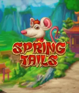 An enchanting illustration of a mouse dressed in traditional Chinese attire positioned in front of a picturesque mountain backdrop. The image is for the Spring Tails game by Betsoft, highlighted with prominent red and gold logo text.