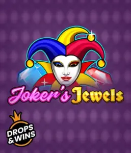 Discover the playful charm of the Joker's Jewels game by Pragmatic Play, showcasing a mesmerizing joker's mask decorated with a brightly colored jester hat. This image evokes the light-hearted fun of traditional joker games, set against a deep purple background. Ideal for those who love classic slot games, offering a entertaining play experience. 