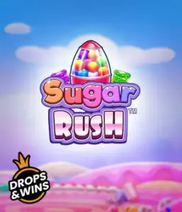 Enjoy the colorful world of Sugar Rush by Pragmatic Play, featuring a colorful candy dispenser set against a whimsical candy landscape. This graphic captures the fun and excitement of the slot, adorned with bright candies and charming typography. Great for candy lovers, delivering endless entertainment. 